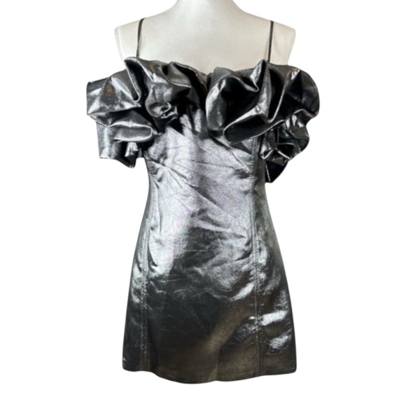 ZARA Voluminous Ruffle Silver Metallic Mini Dress, Spaghetti Straps, Siz… - Picture 4 of 11